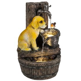 22" Outdoor Fountain With 3-Tier Puppy Theme, Resin Garden Fountain With Led Lights, Adjustable Flow, Rustic Brown